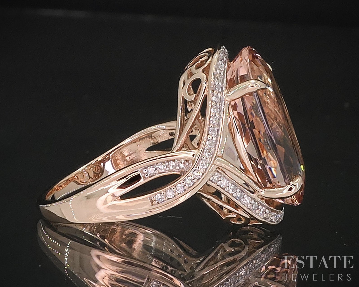 14k Rose Gold Oval 10ct Natural Peach Morganite & Diamond Ring 7.9g i18883