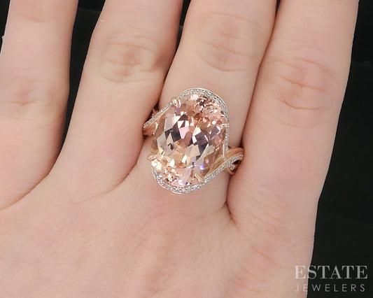 14k Rose Gold Oval 10ct Natural Peach Morganite & Diamond Ring 7.9g i18883