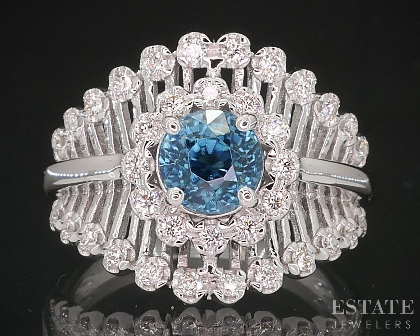14k White Gold Round Natural Blue Zircon & Diamond Cocktail Ring 4.8g i18878