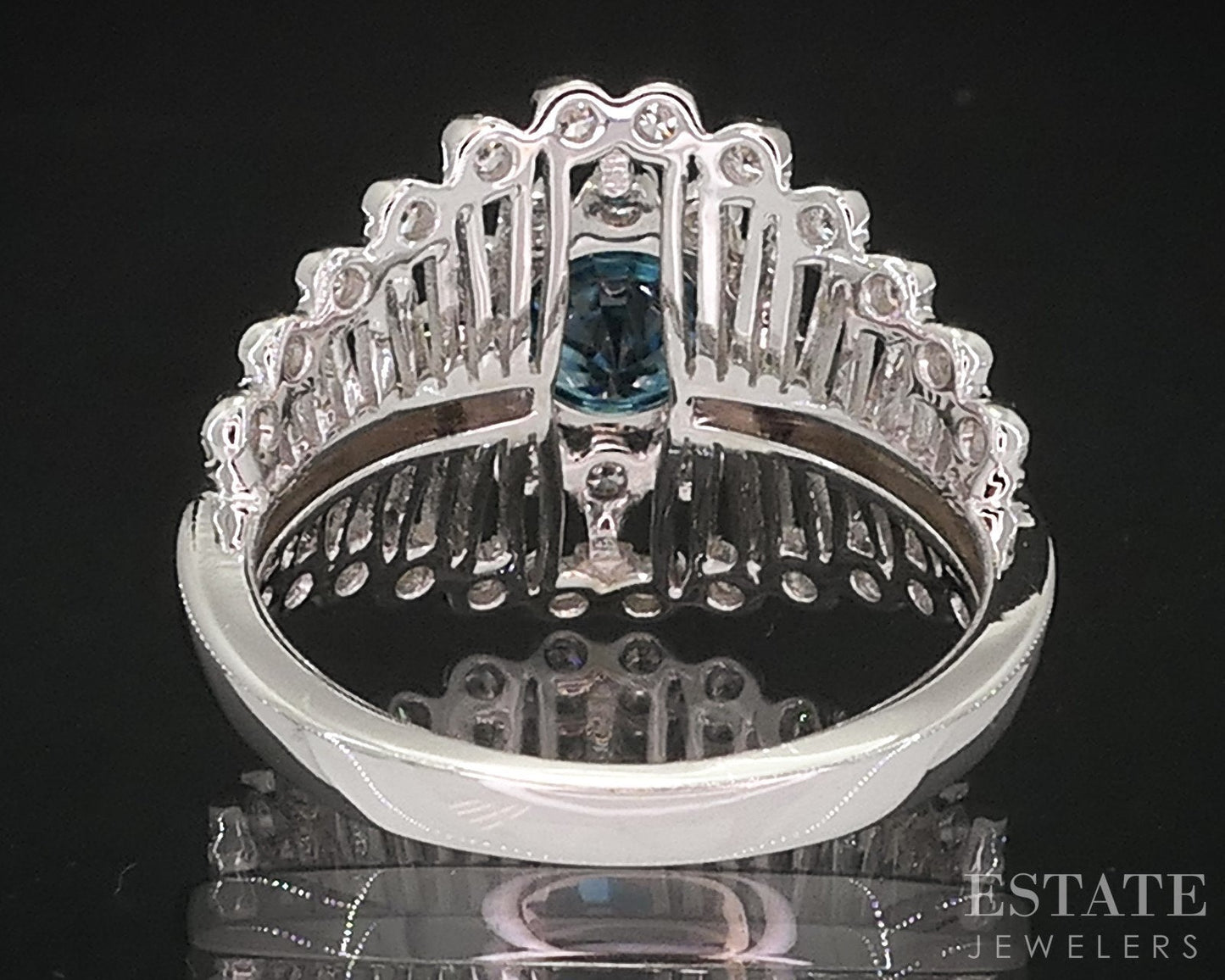 14k White Gold Round Natural Blue Zircon & Diamond Cocktail Ring 4.8g i18878