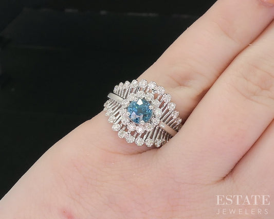 14k White Gold Round Natural Blue Zircon & Diamond Cocktail Ring 4.8g i18878