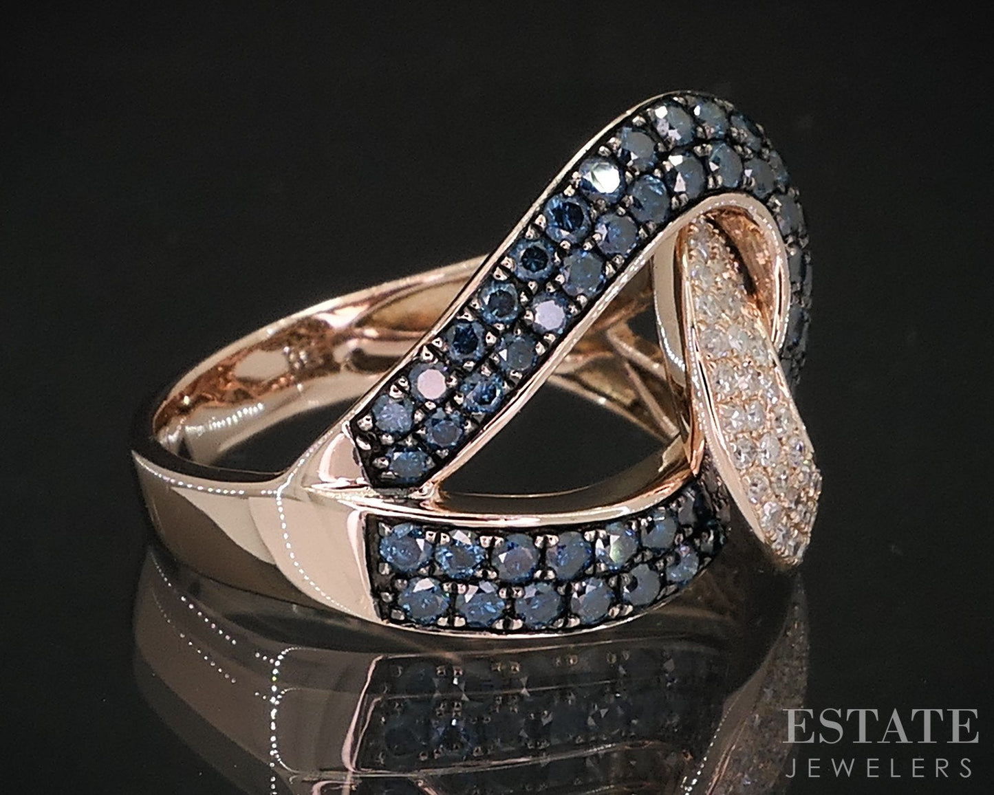 14k Rose Gold EFFY Blue & White Diamond Bella Bleu Love Knot Ring 5.9g i18871