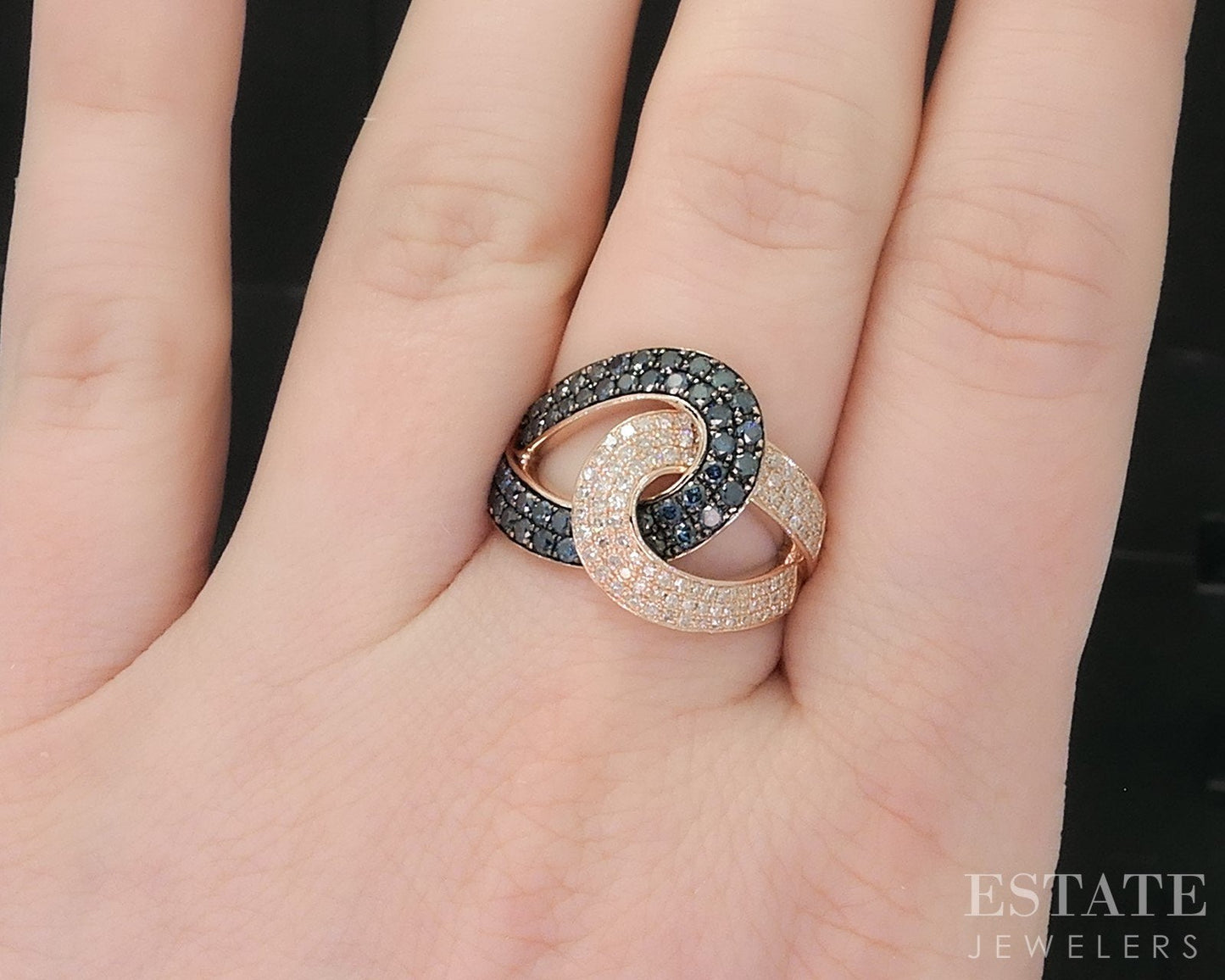14k Rose Gold EFFY Blue & White Diamond Bella Bleu Love Knot Ring 5.9g i18871