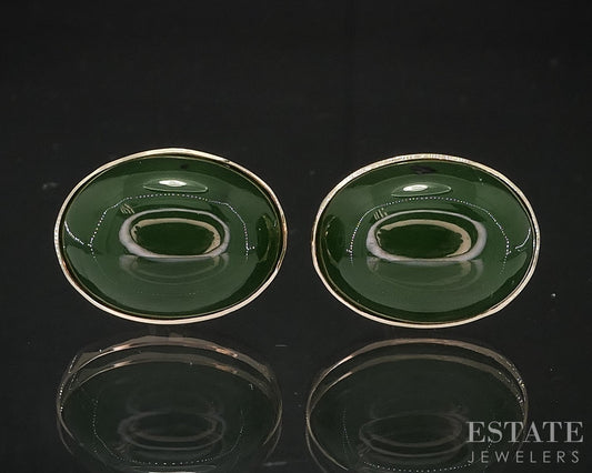 Vintage 14k Yellow Gold Natural Green Jade Gump's Men's Cufflinks 9.9g i18873