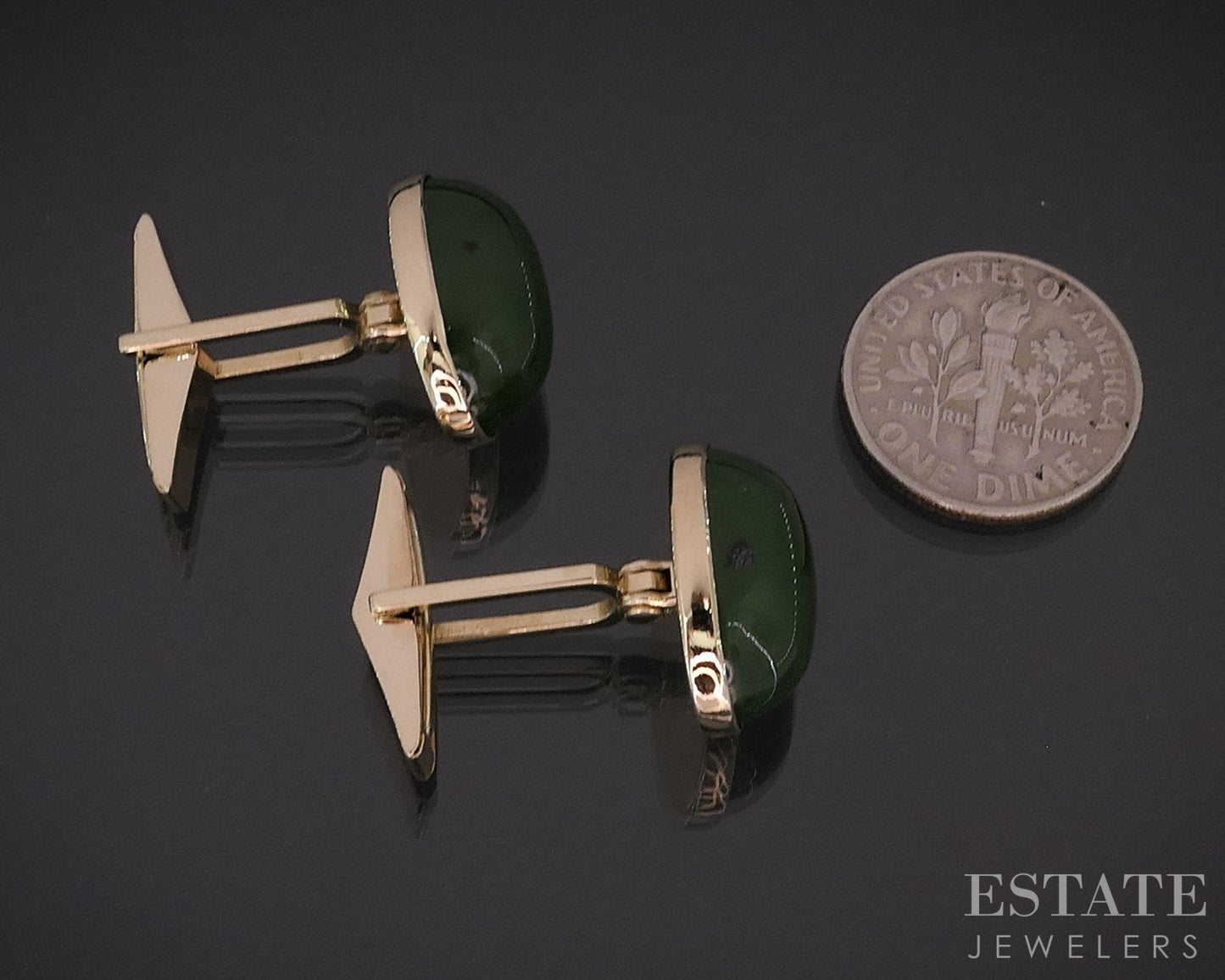 Vintage 14k Yellow Gold Natural Green Jade Gump's Men's Cufflinks 9.9g i18873