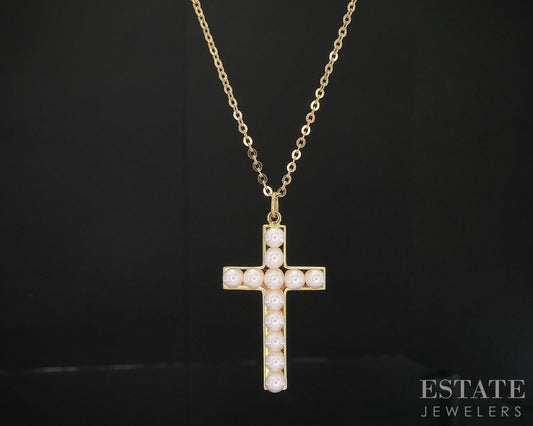 18k Yellow Gold 3mm Mikimoto Akoya Pearl Cross Ladies Necklace 4.2g 16"L i18893