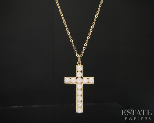 18k Yellow Gold 3mm Mikimoto Akoya Pearl Cross Ladies Necklace 4.2g 16"L i18893