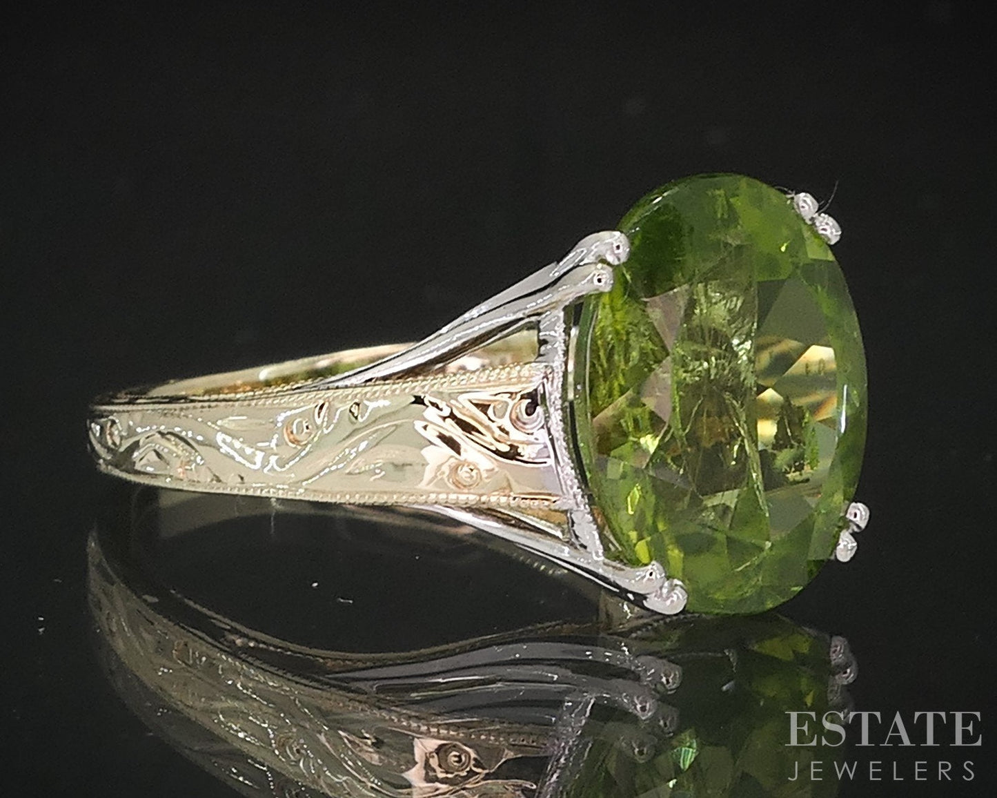 14k Yellow & White Gold Oval Natural Peridot Solitaire Ring 3.8g i18892