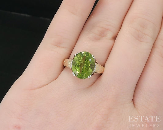 14k Yellow & White Gold Oval Natural Peridot Solitaire Ring 3.8g i18892