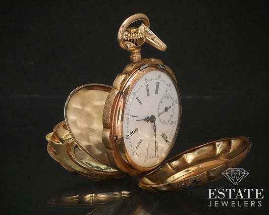 Antique Solid 14k Yellow Gold Enameled Clamshell Hunters Pocket Watch i17069