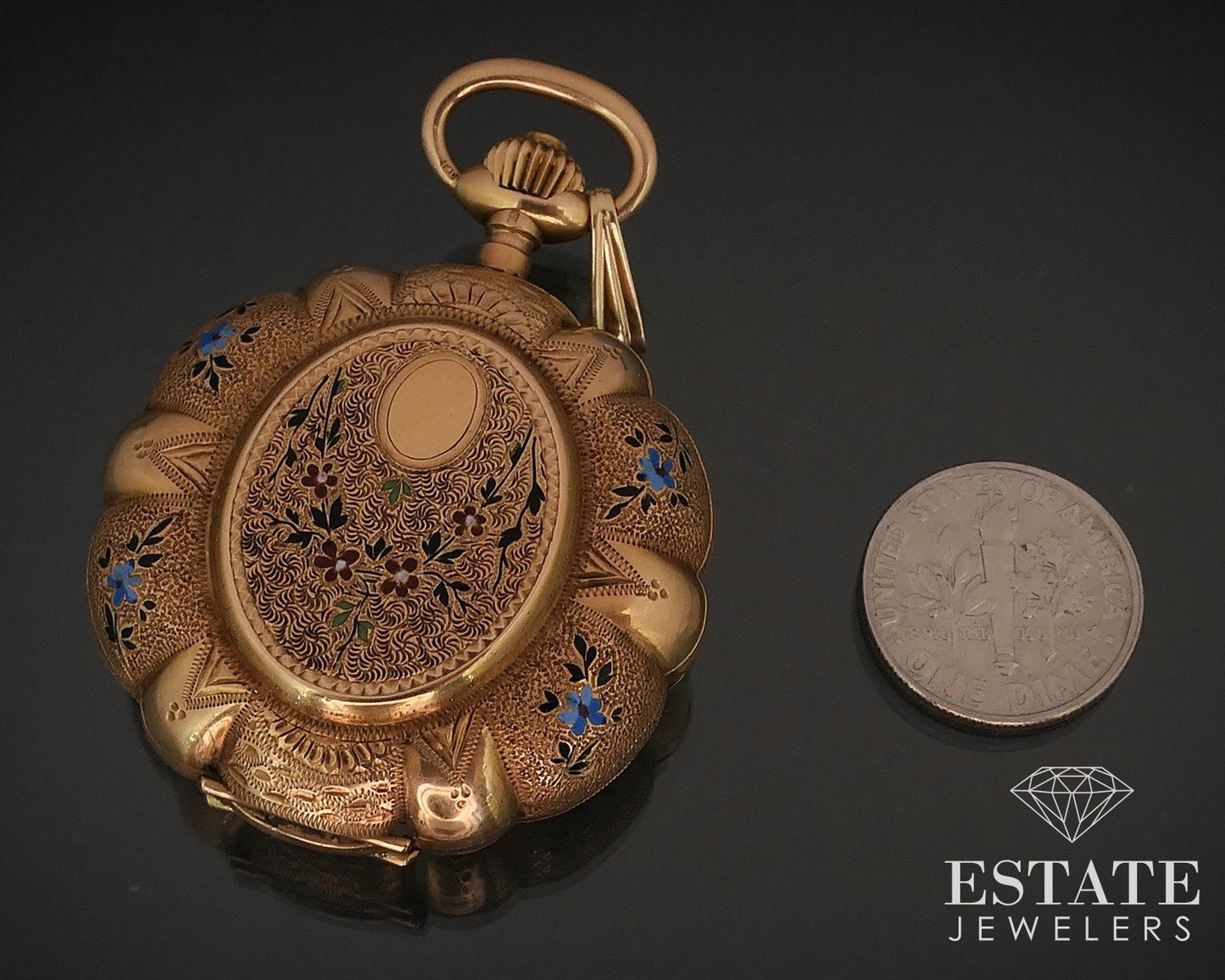 Antique Solid 14k Yellow Gold Enameled Clamshell Hunters Pocket Watch i17069