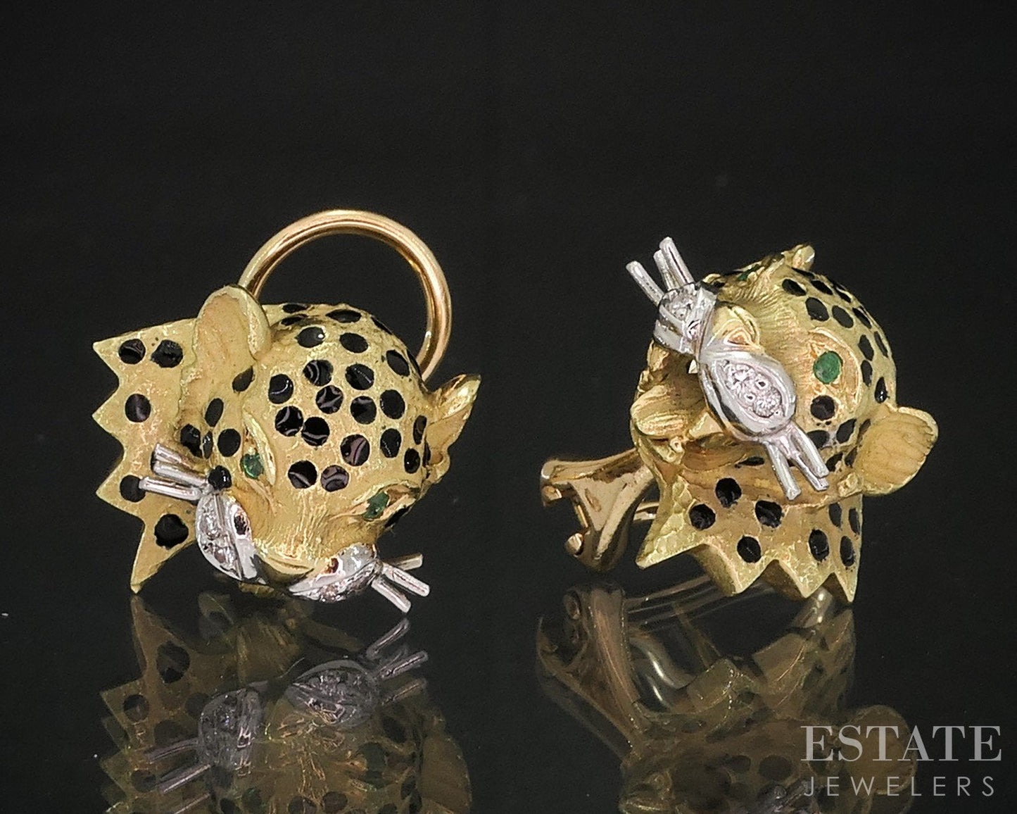 18k Yellow Gold Natural Emerald & Diamond Panther Omega Back Earrings 13g i18938