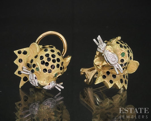 18k Yellow Gold Natural Emerald & Diamond Panther Omega Back Earrings 13g i18938