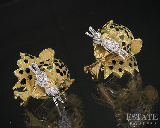 18k Yellow Gold Natural Emerald & Diamond Panther Omega Back Earrings 13g i18938