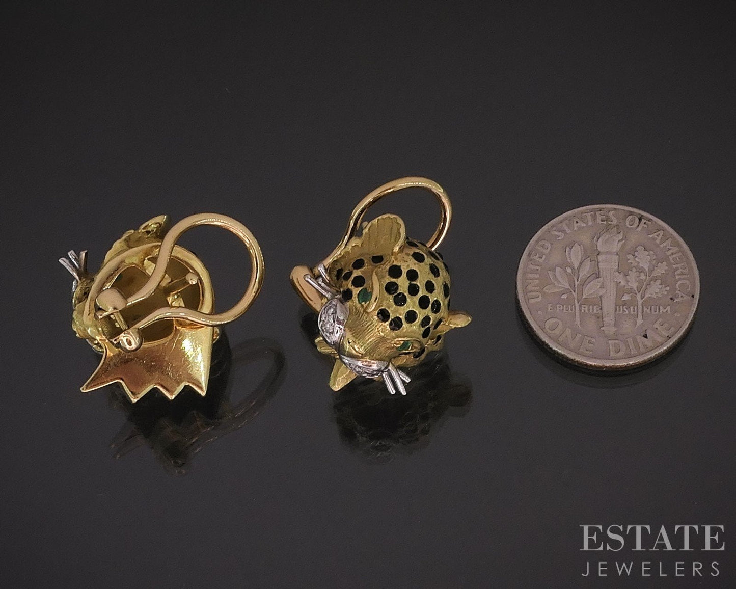 18k Yellow Gold Natural Emerald & Diamond Panther Omega Back Earrings 13g i18938