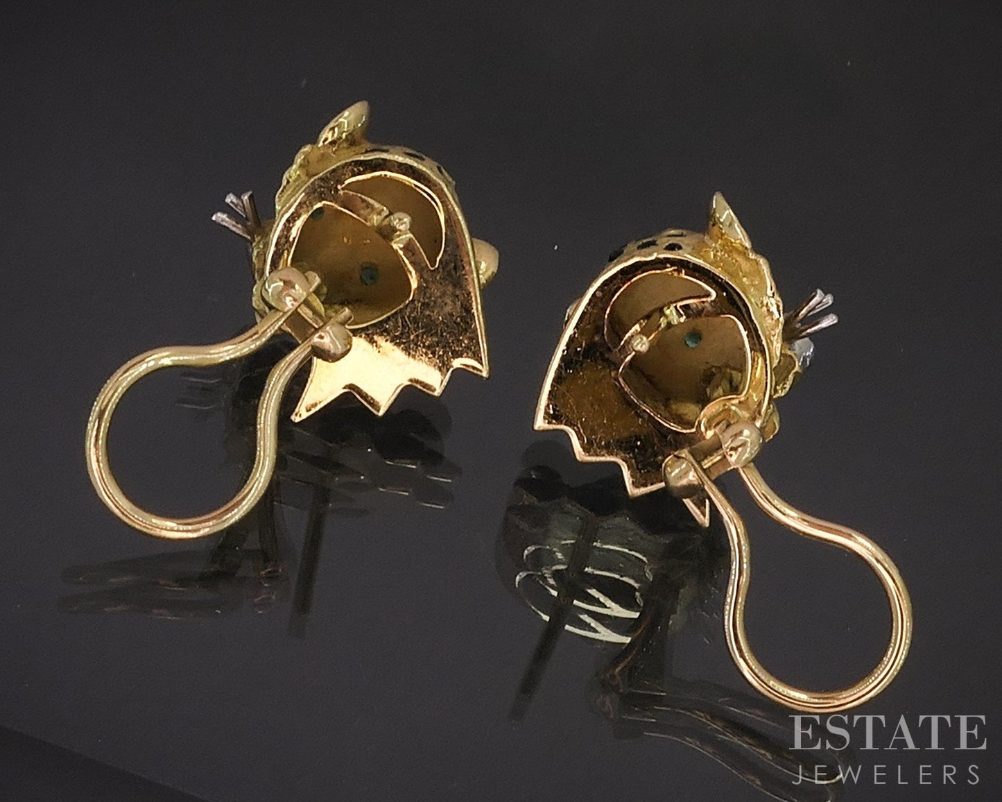 18k Yellow Gold Natural Emerald & Diamond Panther Omega Back Earrings 13g i18938