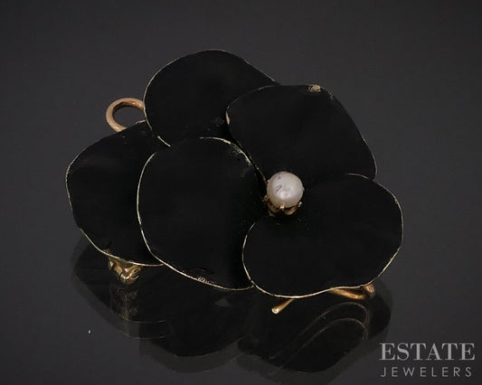Antique 14k Yellow Gold Enameled Pansy Akoya Pearl Pin Pendant 8.9g i18929