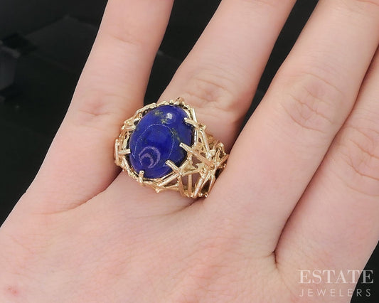 Vintage 14k Yellow Gold Natural Lapis Lazuli Modernist Band Ring 8.8g i18939
