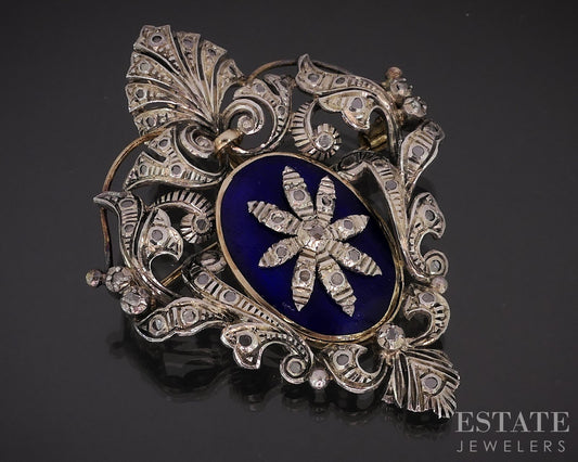 Antique 19k Gold & Sterling Rose Cut Diamond Enameled Pin Pendant 20.1g i18943