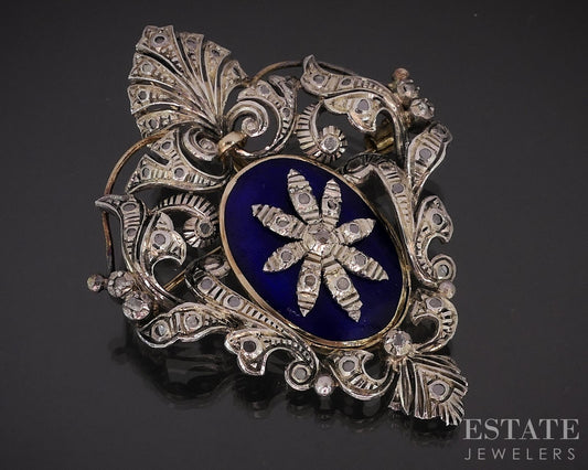 Antique 19k Gold & Sterling Rose Cut Diamond Enameled Pin Pendant 20.1g i18943