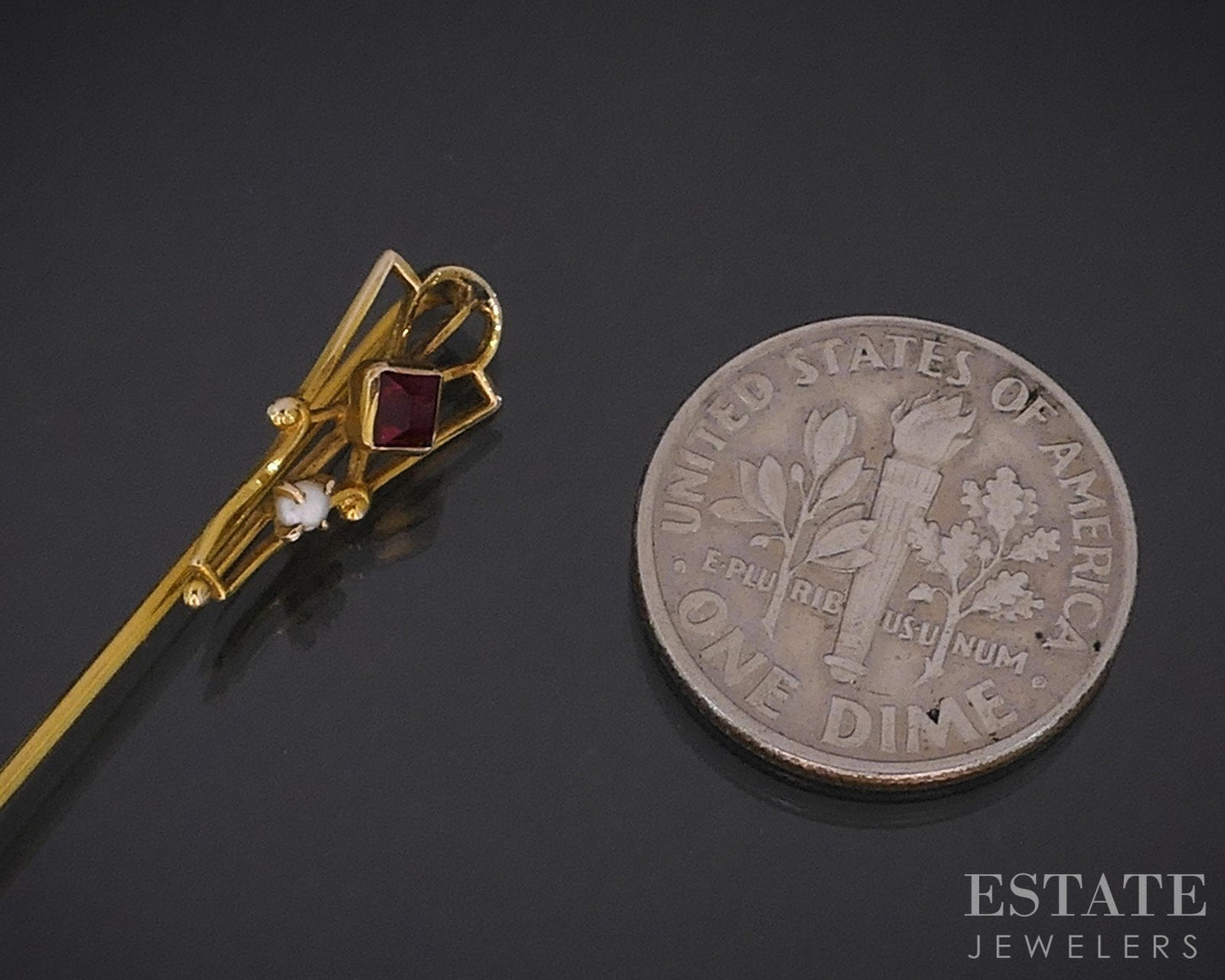 Antique 10k Yellow Gold Ostby Barton Red Stone Seed Pearl Stick Pin 0.8g i18962