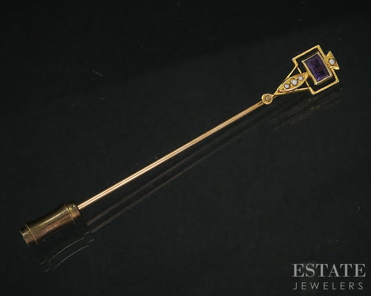 Antique Victorian 14k Yellow Gold Amethyst & Seed Pearl Stick Pin 1.2g i18967