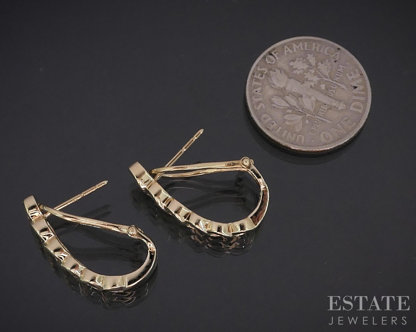 14k Yellow Gold Natural .30ctw Diamond J Hoop Omega Back Earrings 3.5g i18951