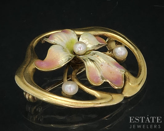 Antique Art Nouveau 14k Yellow Gold Enameled Flower Pearl Pin Brooch 2.7g i18949