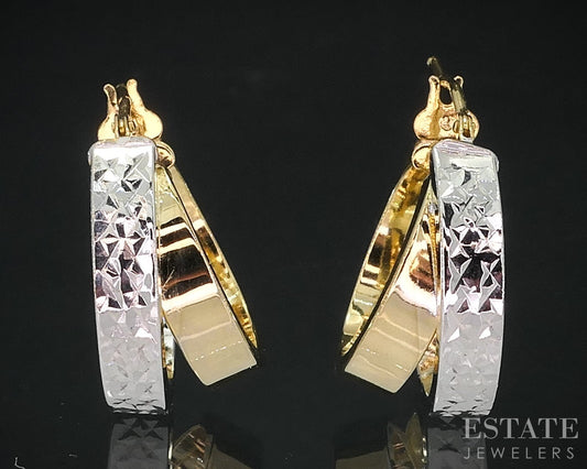 10k Yellow & White Gold Crossover D/C Hoop Ladies Earrings 4.0g i18783