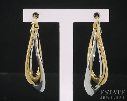 10k Yellow & White Gold Crossover Oval Hoop Ladies Earrings 2.1g i18766