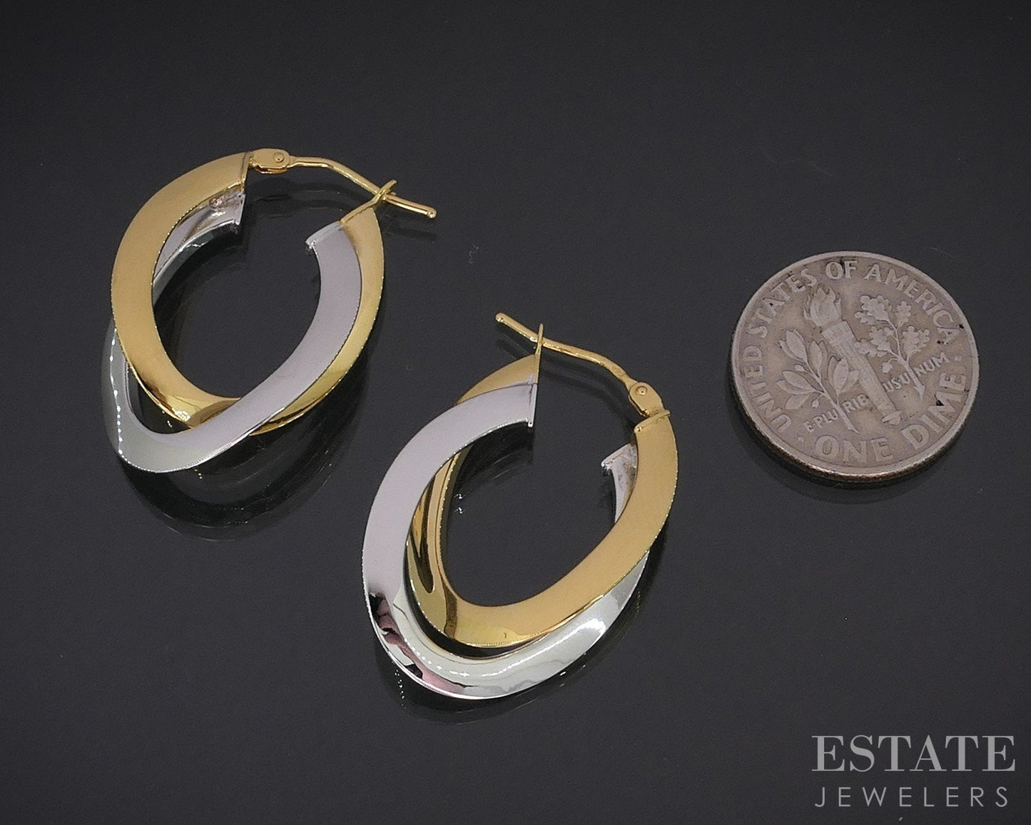 10k Yellow & White Gold Crossover Oval Hoop Ladies Earrings 2.1g i18766