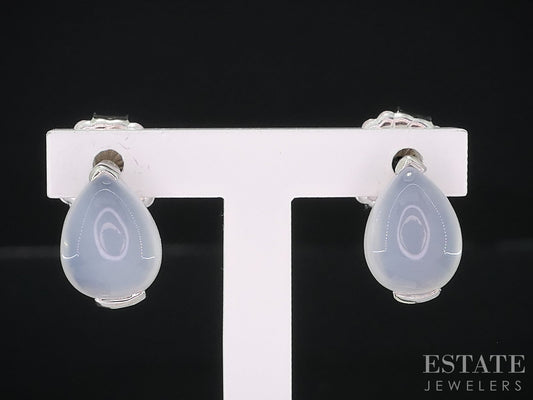 18k White Gold Pear Cabochon Natural Chalcedony Stud Earrings 2.5g i18977
