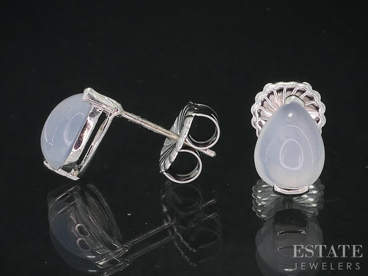 18k White Gold Pear Cabochon Natural Chalcedony Stud Earrings 2.5g i18977