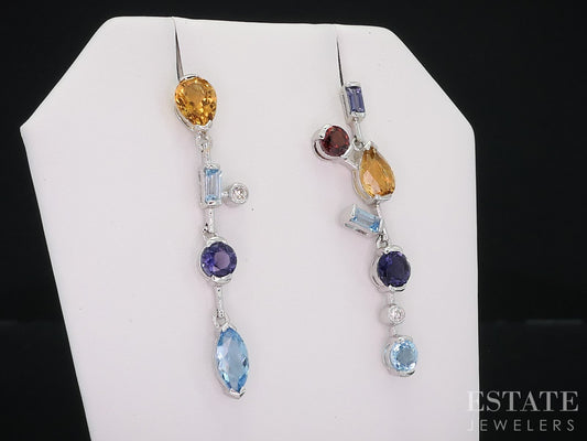18k White Gold Natural Multi Gem & Diamond Dangle Earrings 4.2g i18978
