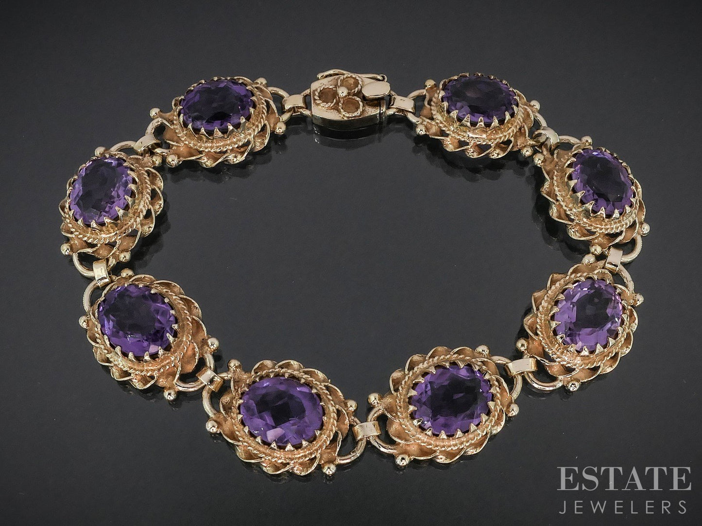 Vintage 14k Yellow Gold Oval Natural Amethyst Link Bracelet 21.4g 7.25"L i18975