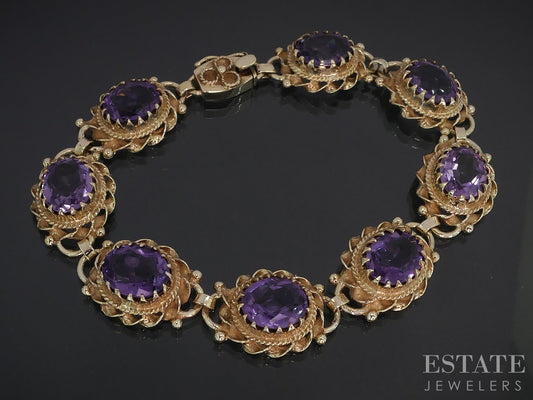 Vintage 14k Yellow Gold Oval Natural Amethyst Link Bracelet 21.4g 7.25"L i18975
