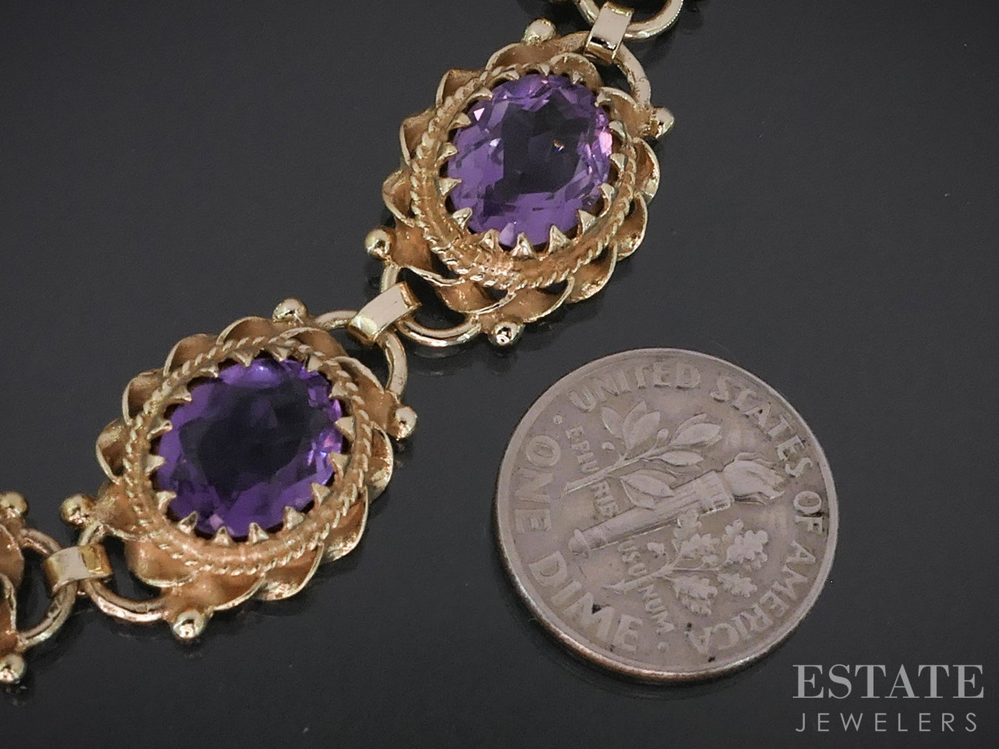 Vintage 14k Yellow Gold Oval Natural Amethyst Link Bracelet 21.4g 7.25"L i18975