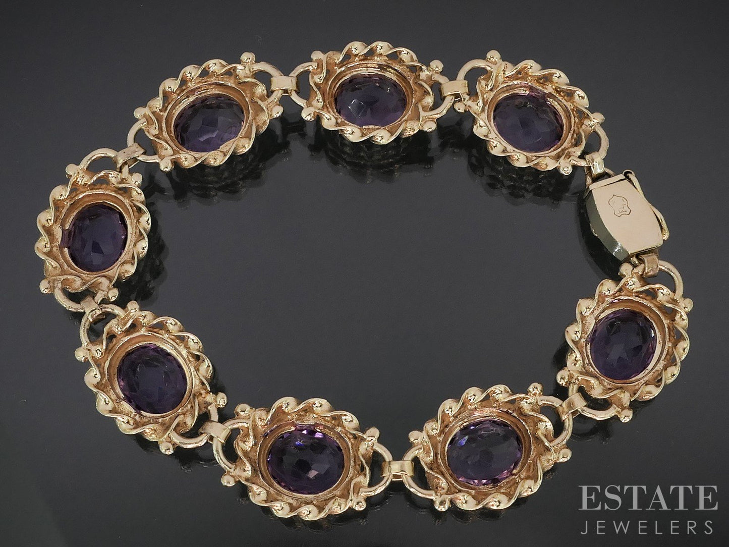 Vintage 14k Yellow Gold Oval Natural Amethyst Link Bracelet 21.4g 7.25"L i18975