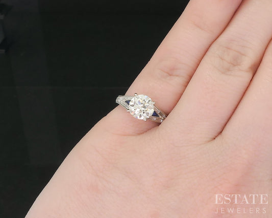 Antique 19k White Gold OEC 1.37ct Diamond & Blue Sapphire Engagement Ring p80102