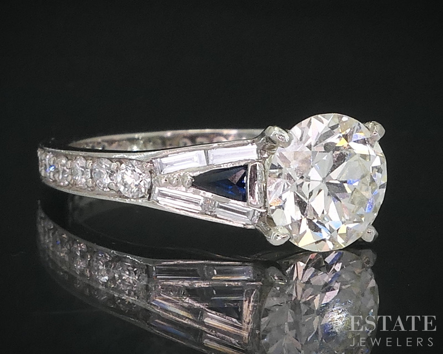 Antique 19k White Gold OEC 1.37ct Diamond & Blue Sapphire Engagement Ring i18999