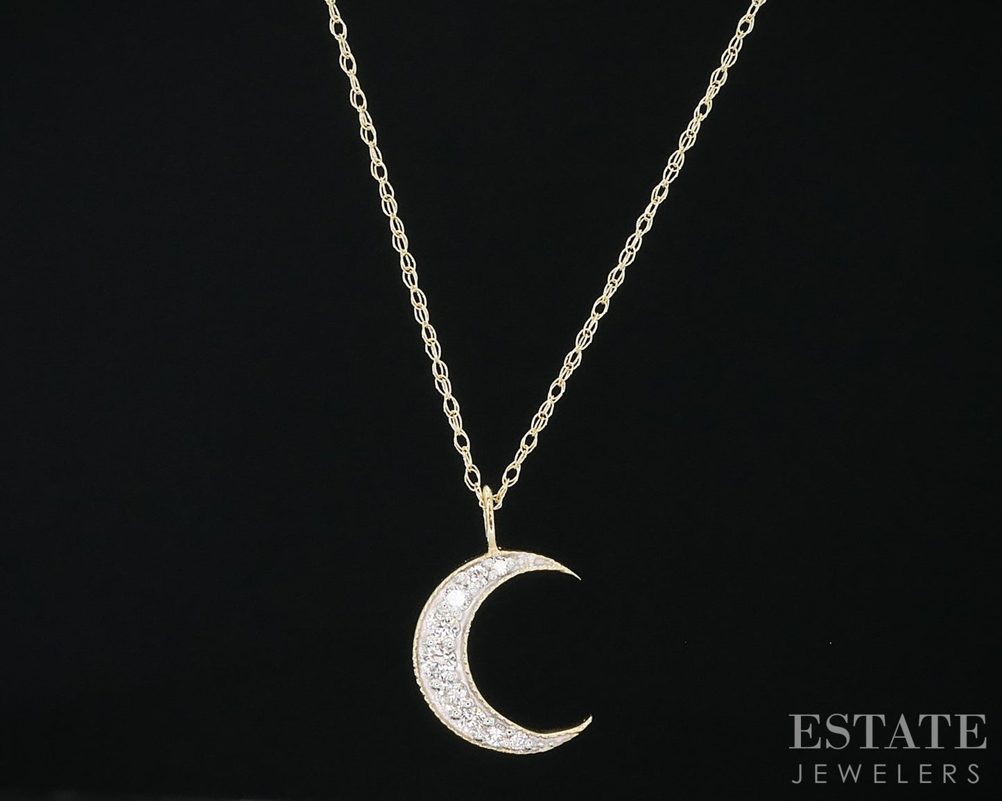 14k Yellow Gold Lab Created Diamond Crescent Moon Ladies Necklace 18"L i18920