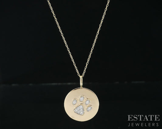 14k Yellow Gold Lab Created Diamond Paw Print Ladies Necklace 1.3g 18"L i18897
