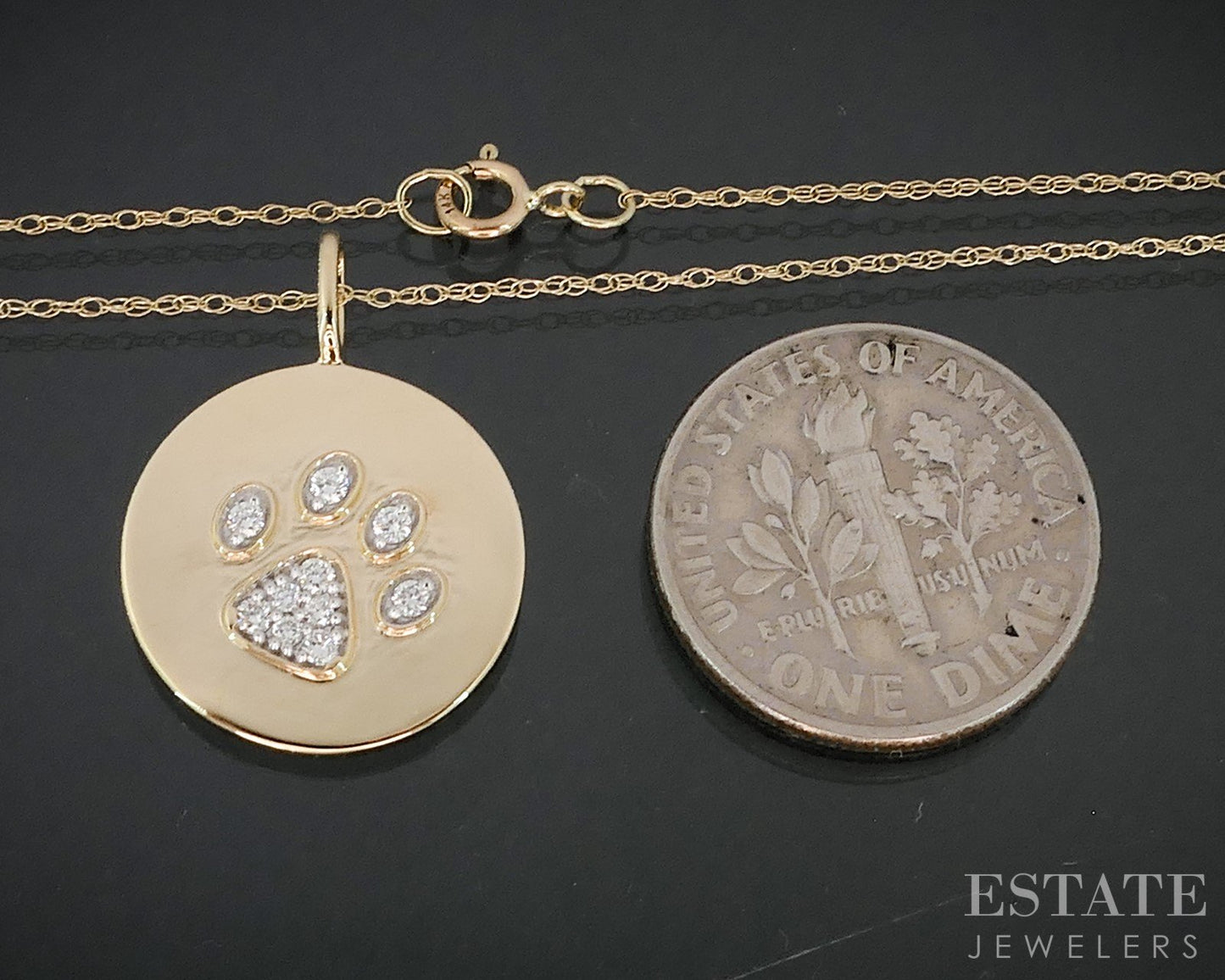 14k Yellow Gold Lab Created Diamond Paw Print Ladies Necklace 1.3g 18"L i18897