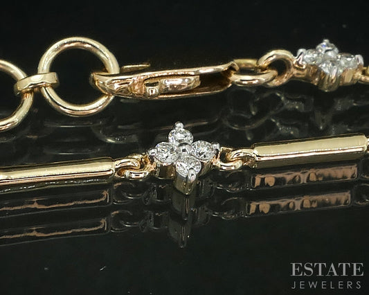 14k Yellow Gold Lab Created .56ctw Diamond Flower Station Bracelet 4.7g i18902