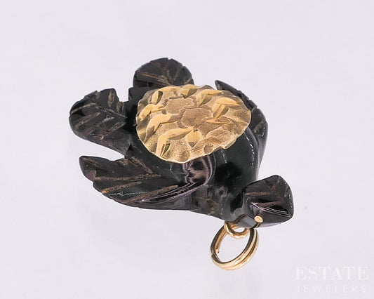 14k Yellow Gold Natural Black Coral Sea Turtle Charm Pendant 2.4g i19049b