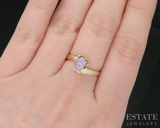 10k Yellow Gold Natural Opal & Diamond Bypass Ladies Ring 1.6g i19048b