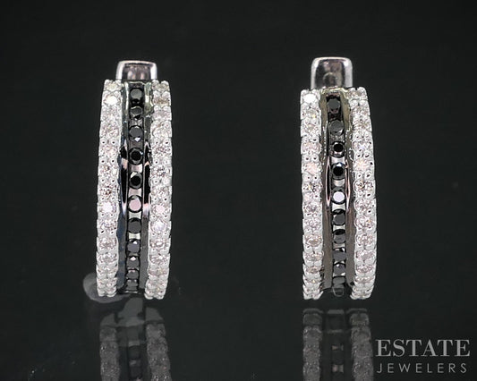 14k White Gold Natural .50ctw Black & White Diamond Hoop Earrings 4.2g i19040b