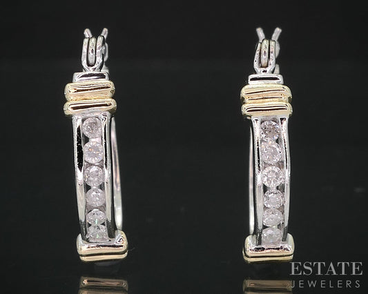 14k White & Yellow Gold Round Natural .24ctw Diamond Hoop Earrings 2.8g i19050b