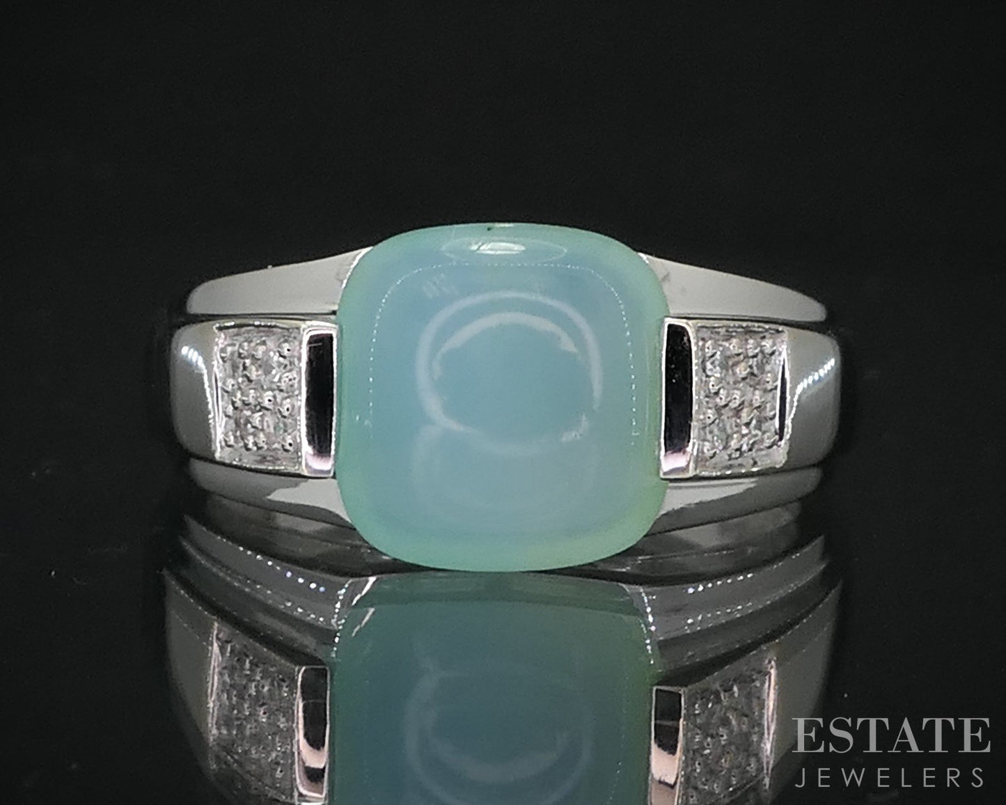 14k White Gold EFFY Cabochon Natural Blue Chalcedony & Diamond Ring 4.6g i19038b