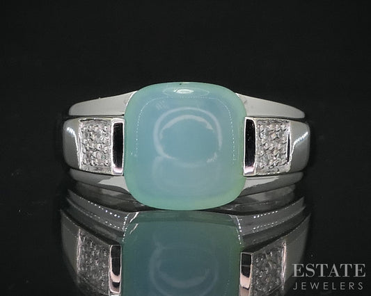 14k White Gold EFFY Cabochon Natural Blue Chalcedony & Diamond Ring 4.6g i19038b